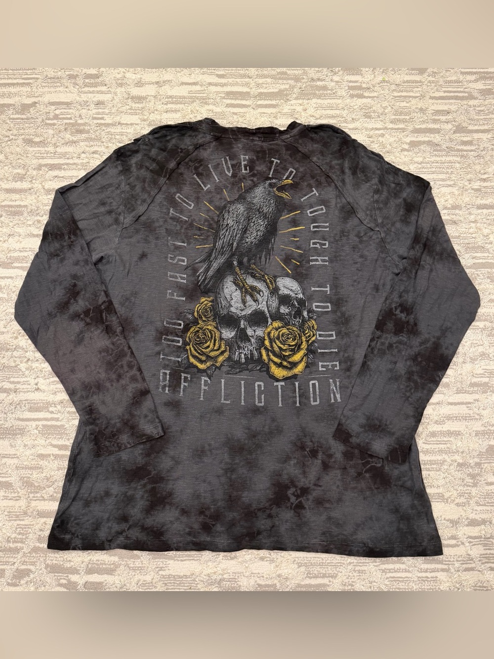 Affliction Henley Long Sleeve Crow Bird Skull Roses Metal Buttons Men’s 3XL Rare